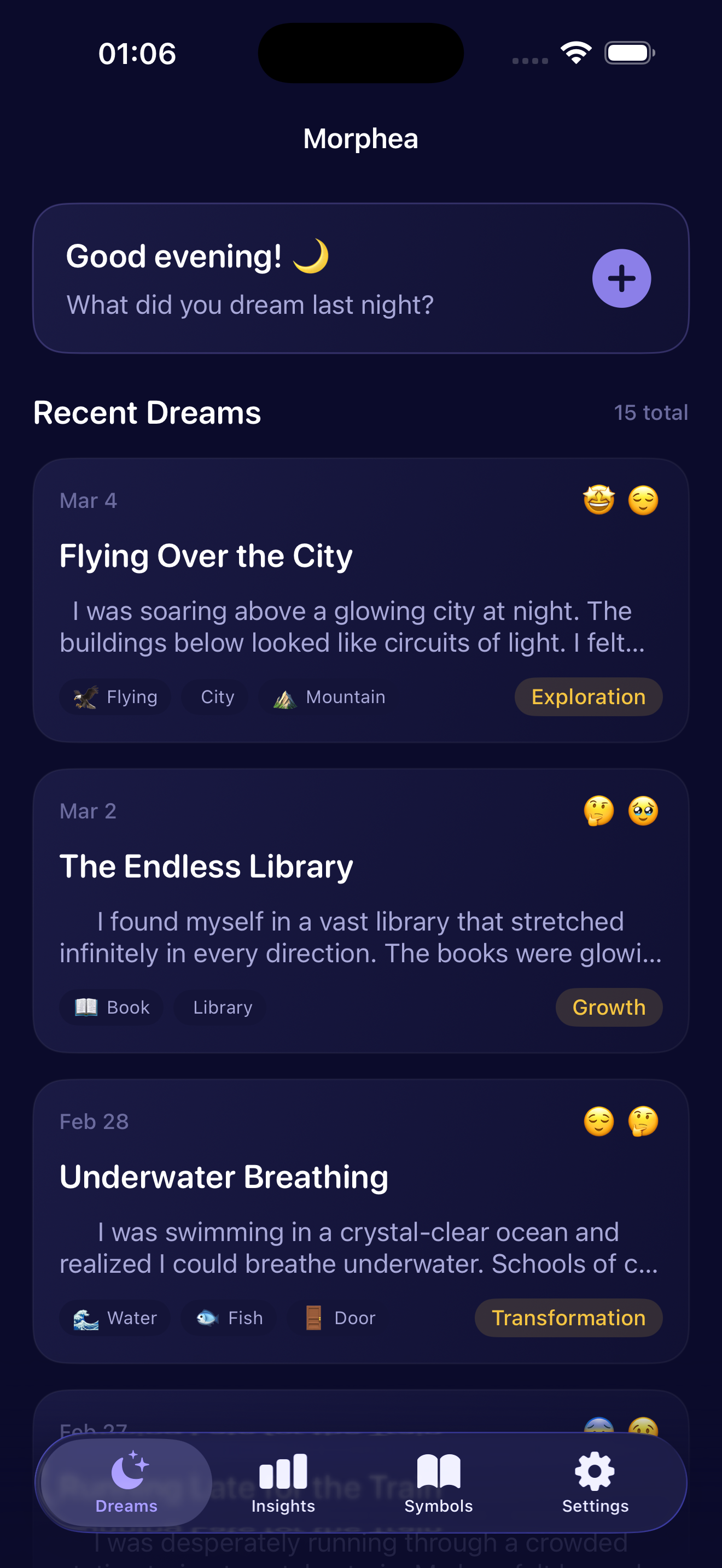 Morphea app - Dream journal home screen